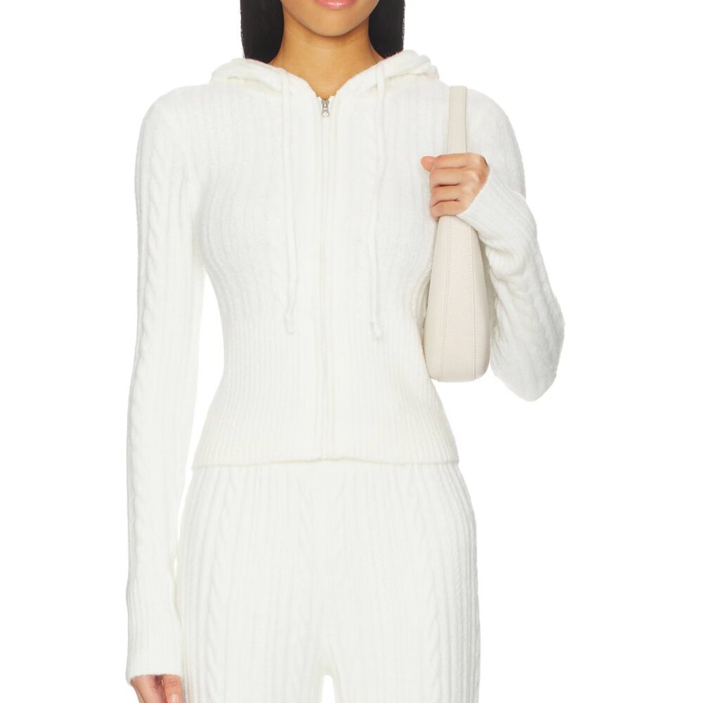 NEW WellBeing + BeingWell Rorie Cable Knit Hoodie in Blanc White Zip Up Small S